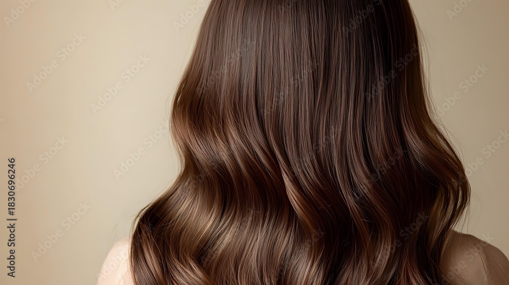 Fototapeta premium Luxurious brunette hair with soft waves cascading down, showcasing healthy shine and volume against neutral beige background. Perfect for beauty advertising.