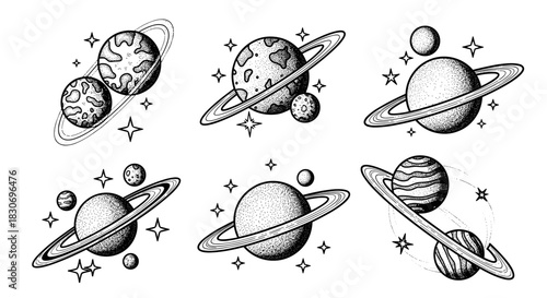 Collection of Hand Drawn Planets and Moons in Space.
