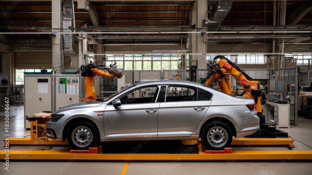 Fototapeta premium Robotic automation enhances vehicle production manufacturing plant industrial process high-tech environment side view innovation