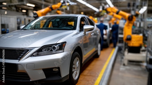 Automotive manufacturing robots factory floor industrial process modern environment wide angle innovation in technology
