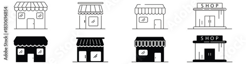 Store icon set with line and glyph shop icons, outline marketplace building – vector illustration.