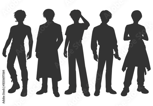 Set vector illustrations of silhouettes kpop idols singing and dancing on stage. Flat vector kpop boyband. Male dancers with various different styles, poses and choreography.