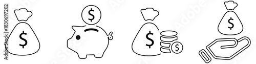 Money and investment line icon pack. Editable stroke vector set with piggy bank and money bag illustrations.