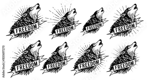 Howling Wolf with Freedom Banner Illustration.