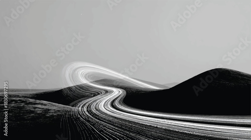 Abstract black and white landscape with motion blur trails on hills