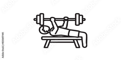 Human on barbell bench thin line icon, body building concept. Vector graphics. Athlete man at barbell exercise, sport training sign on white background, style icon mobile or web design