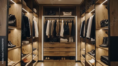 Elegant Walk In Closet Displaying Stylish Clothes, Shoes, Bags, and Lighting