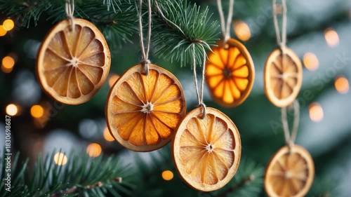 Homemade dried orange slices hanging on a Christmas tree branch surrounded by soft natural light and festive bokeh showcasing warm colors and circular shapes in a holiday setting