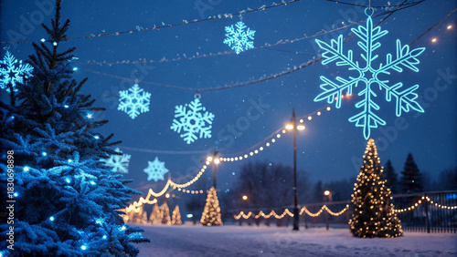Enchanting Winter Night with Glowing Snowflake and Christmas Tree Decorations