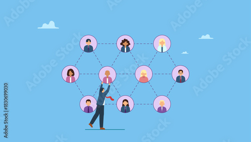 Businessman HR put people on team or group connecting line. Employee or staff management, HR human resource, company people management, work connection, community or teamwork, recruitment.