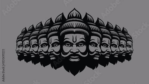 Ravana's powerful ten heads, a striking depiction of the Hindu god for cultural projects, historical graphics, and dramatic storytelling artwork now