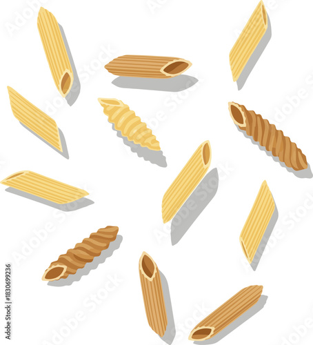Create a kinds of deferent Falling penne pasta vector art with white background..