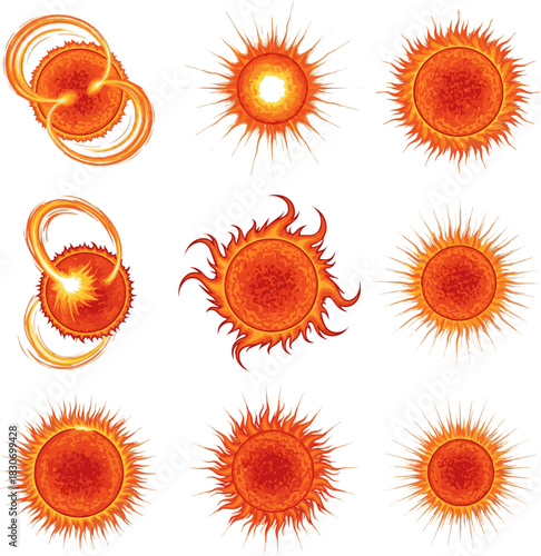 Create a kinds of deferent Fiery sun, detailed solar flare imagery vector art with white background..