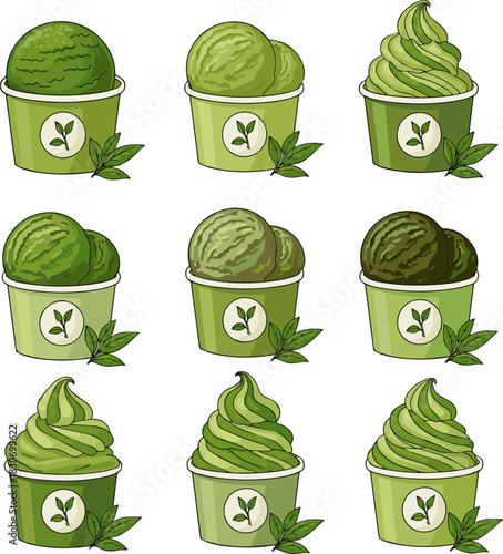 Create a kinds of deferent Green tea ice cream in a paper cup vector art with white background..