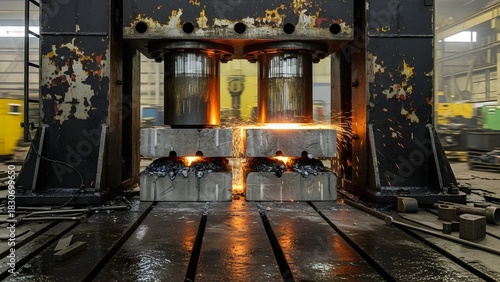 A large industrial press machine forging metal with sparks flying in a factory setting indoors
