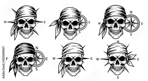 Pirate skull illustrations with compasses, black and white drawings, skull bandana.