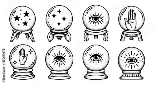 Collection of Mystical Crystal Balls with Esoteric Symbols.