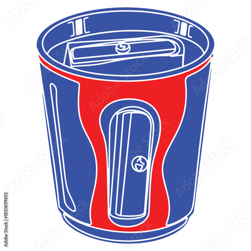 Red and blue pencil sharpener with receptacle for shavings isolated on white background great back to school illustrative graphic