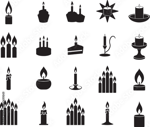 Birthday candle icons set of black flame silhouette vector  elements collection