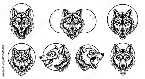 Collection of Fierce Wolf Head Illustrations with Detailed Features.