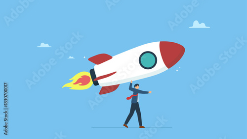 Businessman entrepreneur launching company rocket alone. Solopreneur solo entrepreneur, working alone or startup business owner, founder or entrepreneurship, independent developer, freelancer.