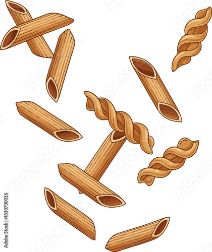 Create a kinds of deferent Penne pasta falling vector art with white background..