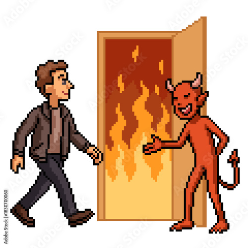 pixel art isolated background of devil open door to hell