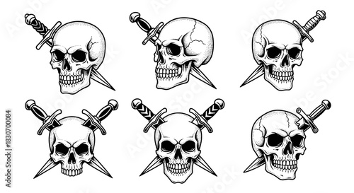 Collection of Skulls and Daggers in Black and White.