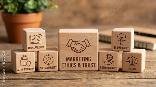 Marketing Ethics and Trust. Wooden blocks with icons of transparency communication, data protection, sustainability, eco-friendly, responsibility, ethics.