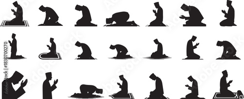 Muslim prayer icons set of Islamic salah positions black silhouette vector elements