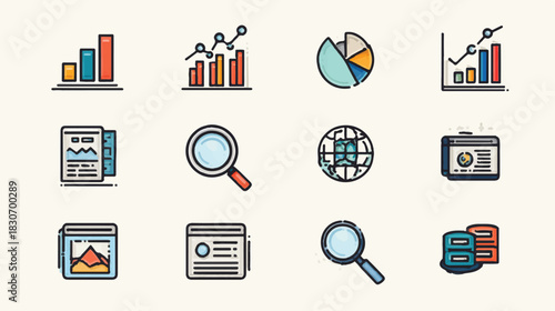 Business and Finance Data Analysis Icons with Charts Graphs and Magnifiers