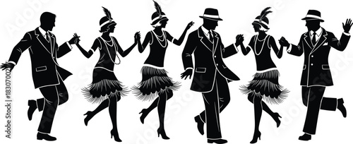 1920s dance silhouette, vintage fashion, Charleston dancers, flapper style, retro entertainment, black and white, coordinated routine, roaring twenties celebration