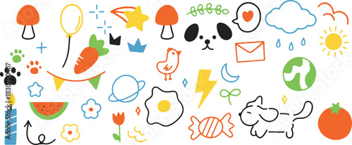 Set of cute colorful line doodle element vector. Hand drawn doodle collection of arrow, speech bubble, crown, flower, scribble, dog, carrot
