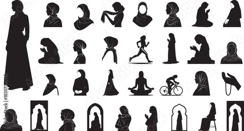 Muslim woman with hijab prayer and lifestyle icons set black silhouette vector elements