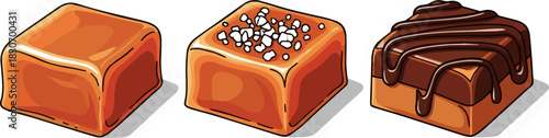 Create a kinds of deferent Three delicious caramel squares vector art with white background
