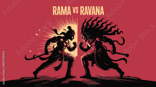 Epic showdown between Rama and Ravana with dynamic silhouettes, celebrating good versus evil in a timeless battle of strength and determination
