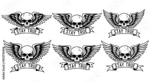 Set of Six Winged Skull Illustrations with Stay True Banners.