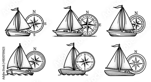 Set of six vintage sailboat and compass illustrations in black and white.