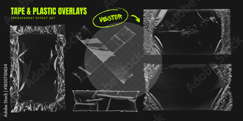 Transparent tape and plastic overlays with realistic glossy and torn textures. Trendy vector set for photo effects, grunge design, collages, posters, and creative layouts.