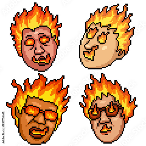 pixel art isolated background of supervillain fire power head