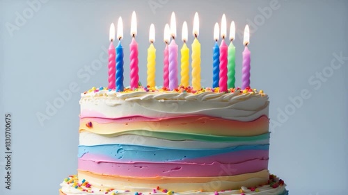 Colorful multi-layered birthday cake featuring bright candles in various colors with sprinkles on top captured in soft light against a neutral background in a close-up shot