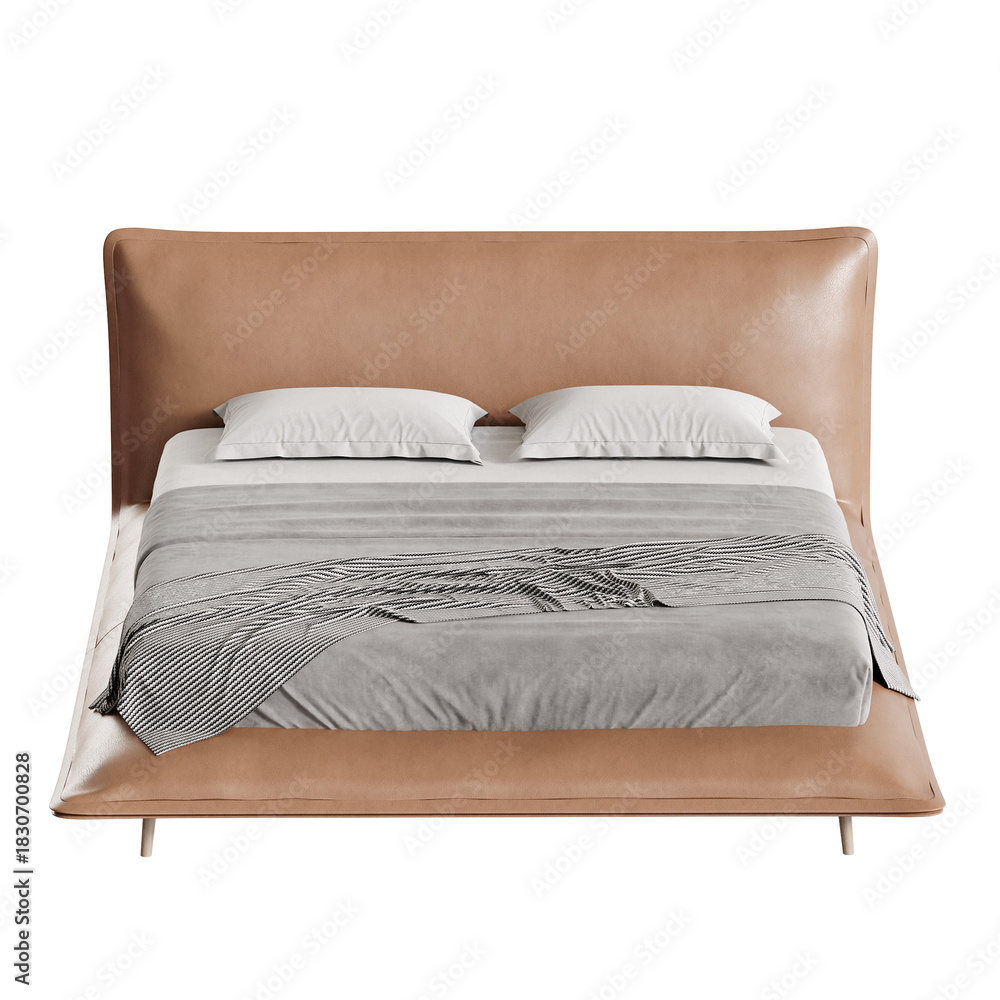 Obraz premium Tan leather bed with a gray blanket and pillows