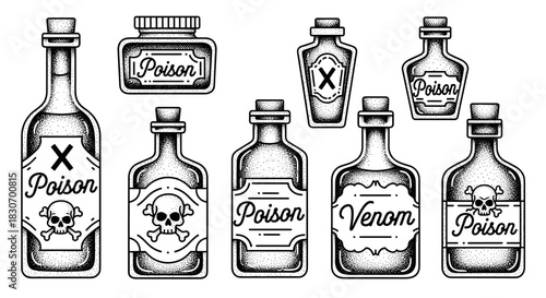 Collection of vintage poison bottles with skull and crossbones labels.