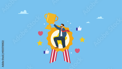 Success businessman holding trophy badge. Employee of the month award winner, high performance champion, gold medal reward, success or victory recognition prize, leadership or achievement.