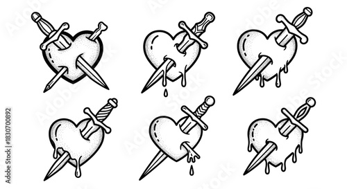 Set of six broken heart illustrations pierced by daggers.
