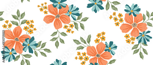floral vintage print of wild flowers with green leaves, ditsy and pretty simple vibe on a white background. Seamless retro pattern for girl, woman dress, fashion fabric textile. Vector illustration