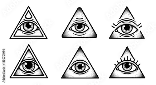 All-Seeing Eye - Illuminati Symbol Variations in Triangle Designs.