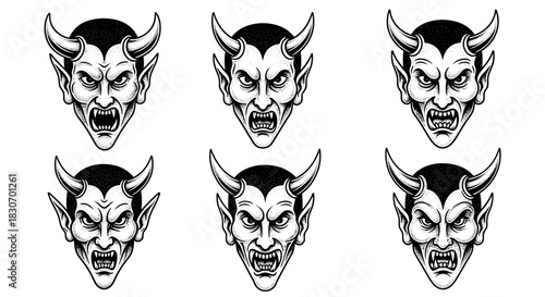 Six Scary Devil Faces with Horns and Fangs.