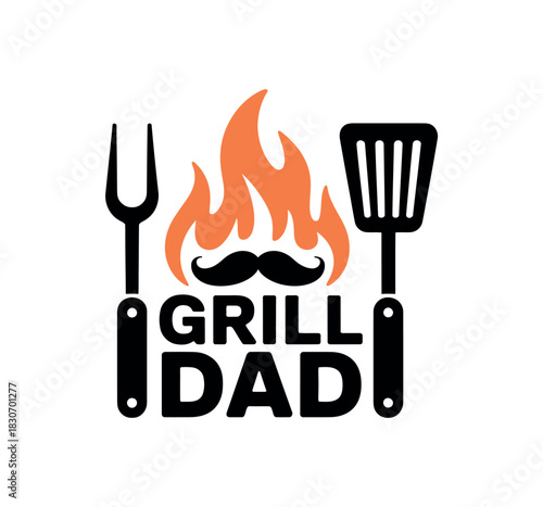 Grill dad design with flames mustache spatula and fork for father's day