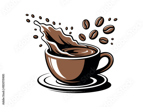 Illustration of a coffee cup with splashing liquid and floating coffee beans